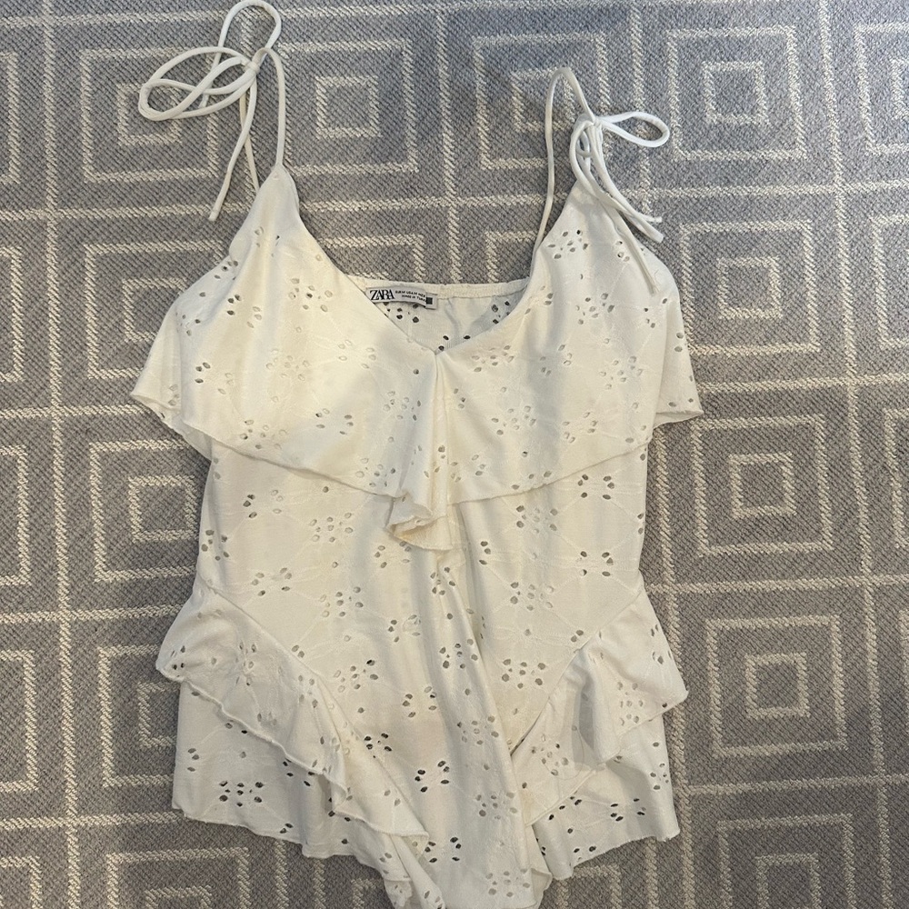 Zara White Eyelet Ruffle Bodysuit